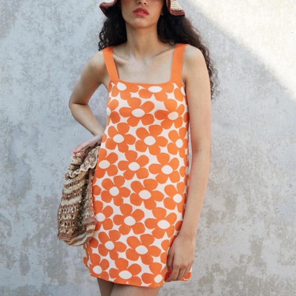Zara orange floral jacquard mini dress
